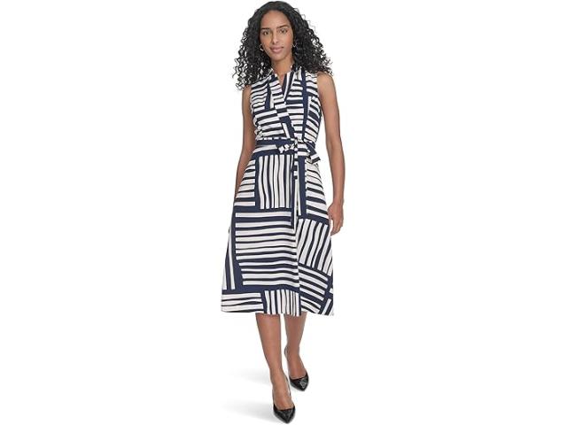 (取寄) カルバンクライン レディース ゲオ プリント フォー ラップ ドレス   women Geo Print Faux Wrap Dress Indgo/Cream