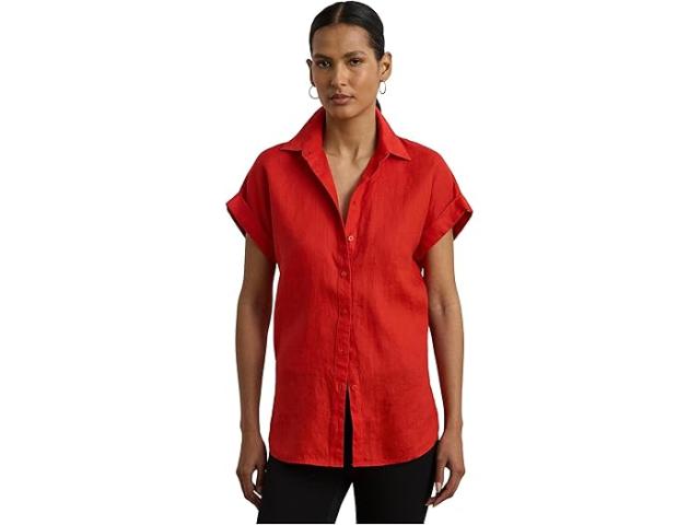 (取寄) ローレン ラルフローレン レディース リラックスド-フィット フィット リネン ショートスリーブ シャツ Lauren Ralph Lauren women Relaxed Fit Linen Short-Sleeve Shirt Bright Vermilion