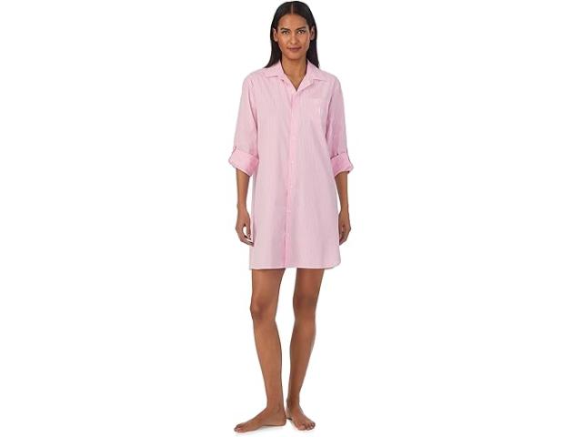 (取寄) ローレン ラルフローレン レディース ロング スリーブ ロール タブ ヒズ シャツ スリープシャツ Lauren Ralph Lauren women Long Sleeve Roll Tab His Shirt Sleepshirt Pink Stripe
