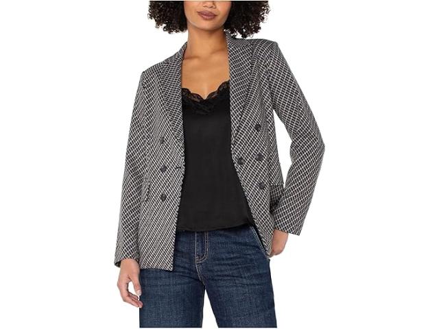 (取寄) リバプールロサンゼルス レディース ニット ジャカード フォー ダブル ブレステッド ブレーザー Liverpool Los Angeles women Knit Jacquard Faux Double Breasted Blazer Navy/Toffee Modern Check