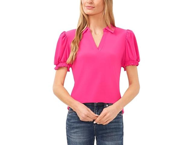 (取寄) シーシー レディース ショート スリーブ スプリット ネック カラード トップ CeCe women Short Sleeves Split Neck Collared Top Bright Rose