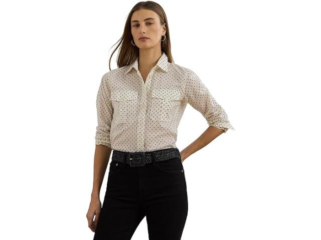 (取寄) ローレン ラルフローレン レディース クラシック フィット ポルカ-ドット コットン ボイル シャツ Lauren Ralph Lauren women Classic Fit Polka-dot Cotton Voile Shirt Cream/Black