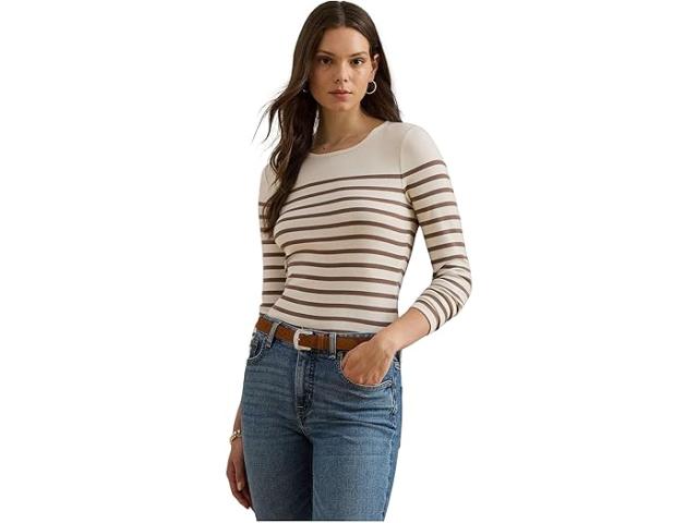 (取寄) ローレン ラルフローレン レディース ストライプド コットン ロング-スローブ ティー Lauren Ralph Lauren women Striped Cotton Long-Sleeve Tee Mascarpone Cream/Taupe Brown
