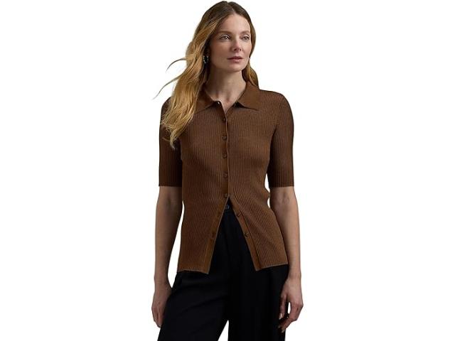 (取寄) ローレン ラルフローレン レディース リブ-ニット エルボー-スリーブ ポロ カーディガン Lauren Ralph Lauren women Rib-Knit Elbow-Sleeve Polo Cardigan Dark Terracotta