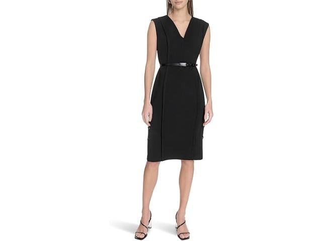 (取寄) カルバンクライン レディース ソリッド スキューバ クレープ V-ネック シィース   women Solid Scuba Crepe V-neck Sheath Black