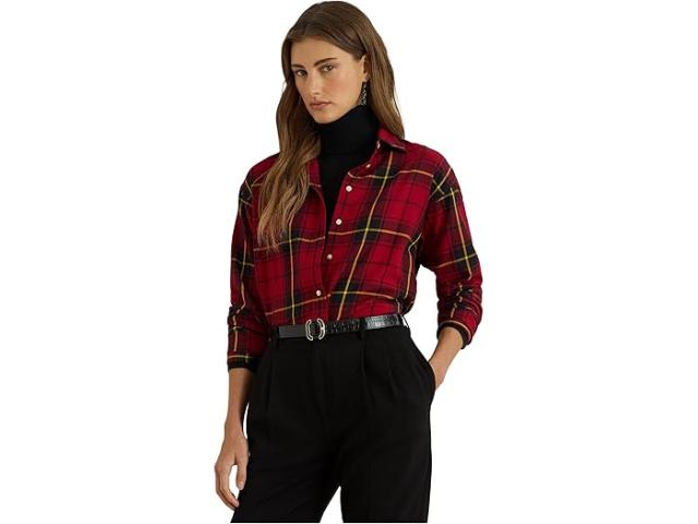 (取寄) ローレン ラルフローレン レディース ピティート リラックスド-フィット フィット チェック プレイド コットン シャツ Lauren Ralph Lauren women Petite Relaxed Fit Checked Plaid Cotton Shirt Black/Red