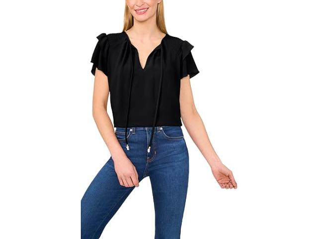 (取寄) シーシー レディース ショルダー スモッキング ラッフル スリーブ タイ トップ CeCe women Shoulder Smocking Ruffle Sleeve Tie Top Rich Black