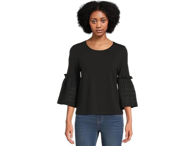 (取寄) リバプールロサンゼルス レディース 3/4 スリーブ エンブロイダー ニット トゥ ウーブン トップ Liverpool Los Angeles women 3/4 Sleeve Embroidered Knit To Woven Top Black