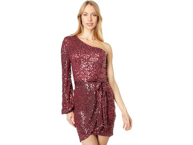(取寄) ベベ レディース ワン ショルダー シークイン ラップ ドレス Bebe women Bebe One Shoulder Sequin Wrap Dress Red Merlotの通販は