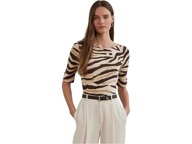 (取寄) ローレン ラルフローレン レディース ゼブラ-プリント ストレッチ コットン ボートネック ティー Lauren Ralph Lauren women Zebra-print Stretch Cotton Boatneck Tee Cream/Brown