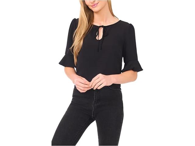 (取寄) シーシー レディース ラッフル カフ スプリット タイ ネック トップ CeCe women Ruffle Cuff Split Tie Neck Top Rich Black