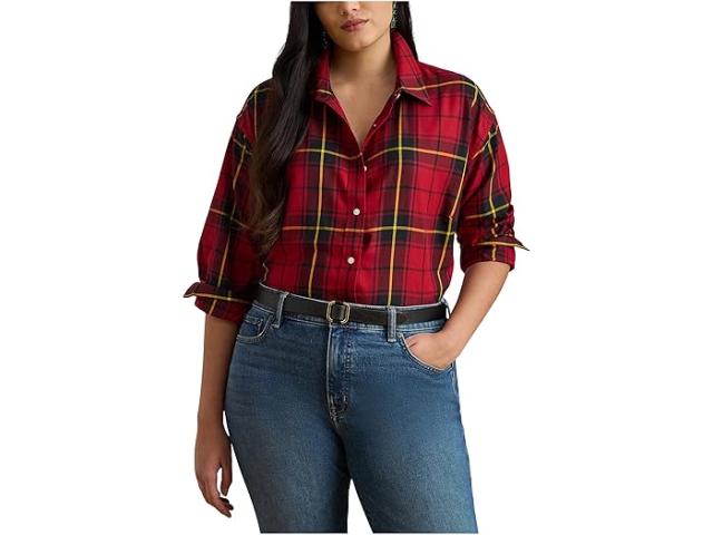 (取寄) ローレン ラルフローレン レディース プラス サイズ リラックスド-フィット フィット チェック プレイド コットン シャツ Lauren Ralph Lauren women Plus Size Relaxed Fit Checked Plaid Cotton Shirt Black/Red