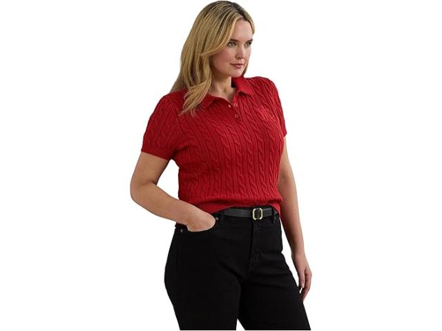 (取寄) ローレン ラルフローレン レディース プラス サイズ ケーブルニット コットン ポロ セーター Lauren Ralph Lauren women Plus Size Cable-Knit Cotton Polo Sweater Madison Red