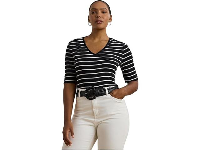 (取寄) ローレン ラルフローレン レディース プラス サイズ ストライプド コットン エルボー-スリーブ V-ネック ティー Lauren Ralph Lauren women Plus Size Striped Cotton Elbow-sleeve V-neck Tee Black/White