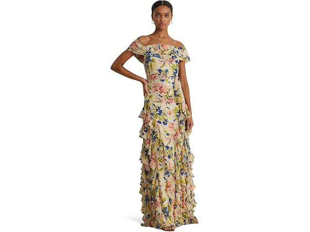 (取寄) ローレン ラルフローレン レディース フローラル ジョーゼット オフ-ザ-ショルダー ガウン Lauren Ralph Lauren women Floral ette Off-the-Shoulder Gown Cream/Blue Multi