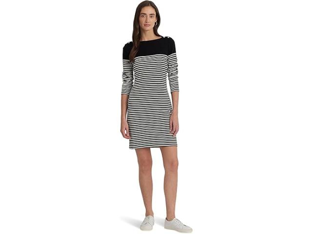 (取寄) ローレン ラルフローレン レディース ストライプド コットン ボートネック ドレス Lauren Ralph Lauren women Striped Cotton Boatneck Dress Black/Mascarpone Creamの通販は