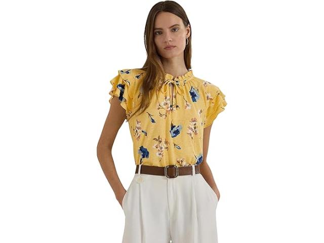 (取寄) ローレン ラルフローレン レディース ピティート フローラル リネンブレンド ジャージ タイ-ネック トップ Lauren Ralph Lauren women Lauren Ralph Lauren Petite Floral Linen-Blend Jersey Tie-Neck Top Yellow Multi 22,448円