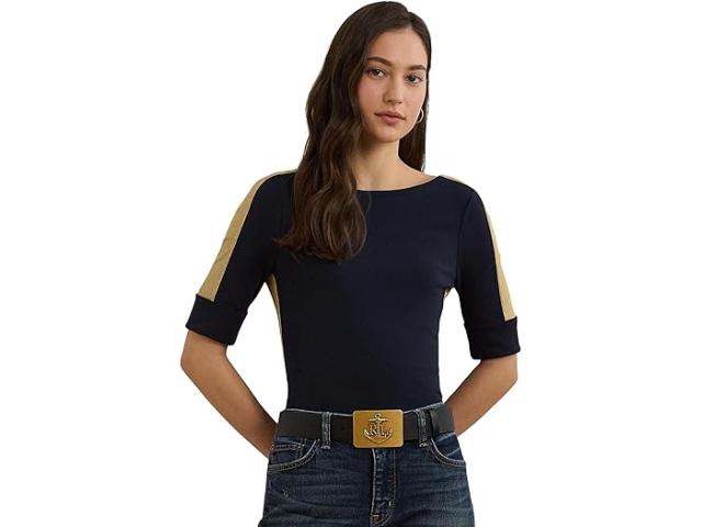 (取寄) ローレン ラルフローレン レディース ツートーン ストレッチ コットン エルボー-スリーブ ティー Lauren Ralph Lauren women Two-Tone Stretch Cotton Elbow-Sleeve Tee Lauren Navy/Relic Goldの通販は 15,089円