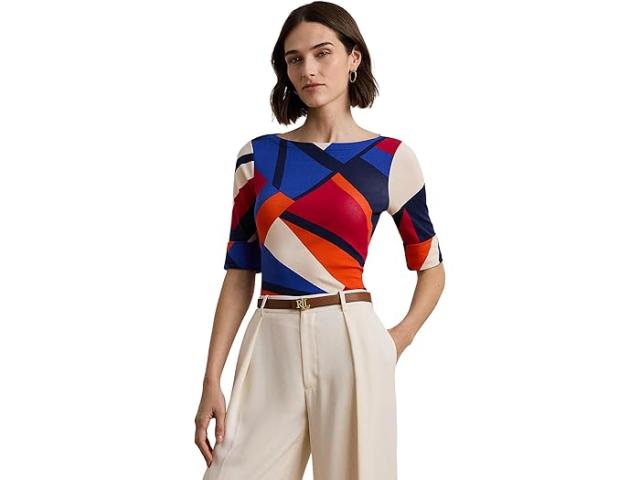 (取寄) ローレン ラルフローレン レディース プリント ストレッチ コットン ボートネック ティー Lauren Ralph Lauren women Print Stretch Cotton Boatneck Tee Blue Multiの通販は