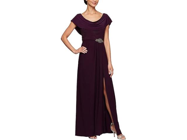 (取寄) アレックス イブニングス レディース ロング カウル ネック A-ライン ドレス ウィズ ビーデッド ディテール アット ウェスト Alex Evenings women Long Cowl Neck A-Line Dress with Beaded Detail at Waist Eggplant