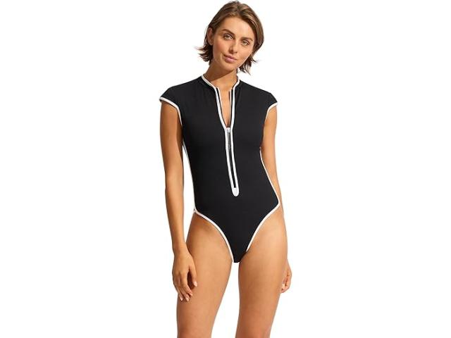 (取寄) シーフォリー レディース キャップ スリーブ ジップ フロント ワンピース スイムスーツ Seafolly women Cap Sleeve Zip Front One-Piece Swimsuit Beach Bound Blackの通販は