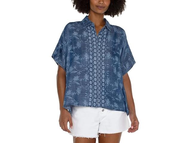 (取寄) リバプールロサンゼルス レディース ピティート カラード キャンプ シャツ ウィズ ハイ-ロウ ヘム Liverpool Los Angeles women Petite Collared Camp Shirt With Hi-low Hem Indigo Floral