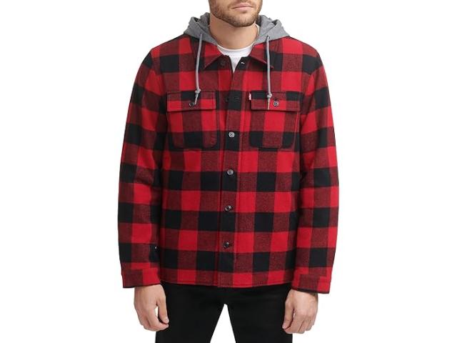 (取寄) リーバイス メンズ ウォッシュド コットン シャツ ジャケット ウィズ ア ジャージ フード アンド シェルパ ライニング Levi's men Washed Cotton Shirt Jacket with A Jersey Hood and Sherpa Lining Red/Black Plaid