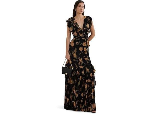 (取寄) ローレン ラルフローレン レディース フローラル ラッフル トリム ジョーゼット ガウン Lauren Ralph Lauren women Floral Ruffle Trim ette Gown Black Multi