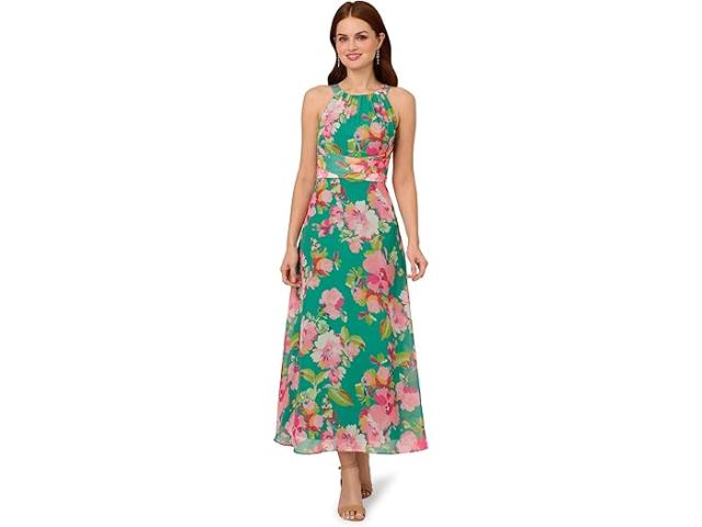 (取寄) アドリアナ パぺル レディース フローラル シフォン ホルター ドレス Adrianna Papell women Floral Chiffon Halter Dress Green Multi