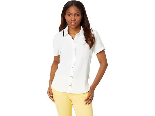 (取寄) トミーヒルフィガー レディース ショート スリーブ ボタン アップ ウィズ リブド カラー Tommy Hilfiger women Short Sleeve Button Up With Ribbed Collar Ivoryの通販は
