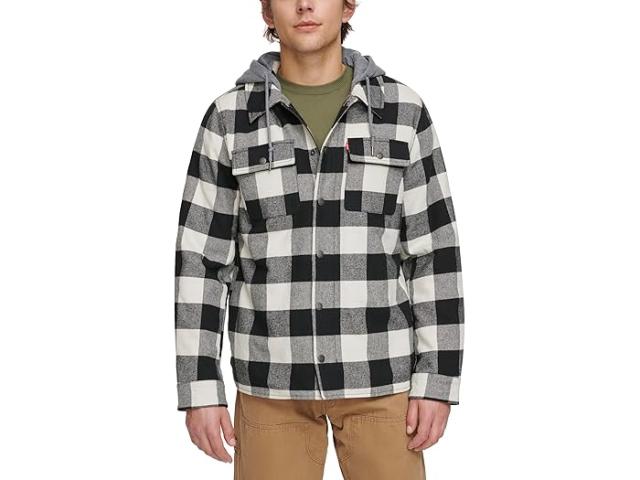 (取寄) リーバイス メンズ ウォッシュド コットン シャツ ジャケット ウィズ ア ジャージ フード アンド シェルパ ライニング Levi's men Levi's Washed Cotton Shirt Jacket with A Jersey Hood and Sherpa Lining Black/White Buffalo Plaid (WPB)の通販は 16,675円