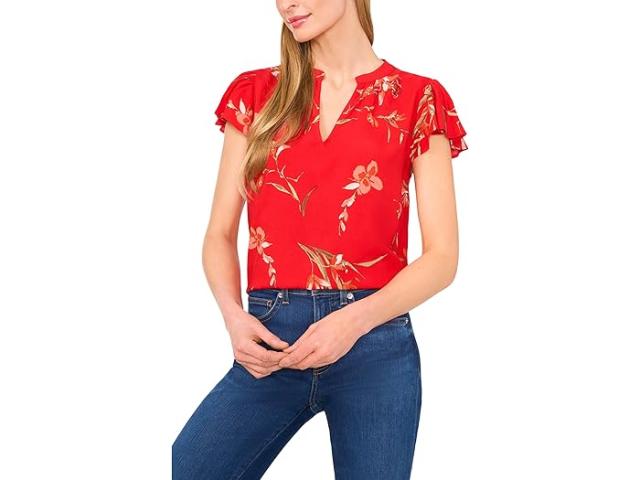 (取寄) シーシー レディース V-ネック シャード ネック フラッター スリーブ ブラウザ CeCe women V-neck Shirred Neck Flutter Sleeve Blouse Fiery Red