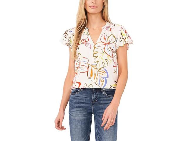 (取寄) シーシー レディース V-ネック シャード フラッター スリーブ ブラウザ CeCe women V-Neck Shirred Flutter Sleeve Blouse New Ivory