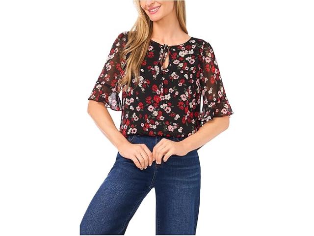 (取寄) シーシー レディース スプリット タイ ネック ラッフル カフ トップ CeCe women Split Tie Neck Ruffle Cuff Top Rich Black 1