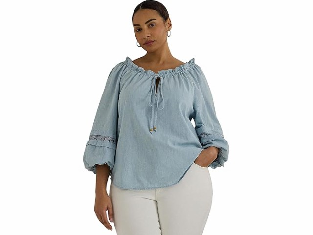 (取寄) ローレン ラルフローレン レディース プラス-サイズ レーストリム シャンブレー タイ-ネック ブラウザ Lauren Ralph Lauren women Lauren Ralph Lauren Plus-Size Lace-Trim Chambray Tie-Neck Blouse Medium Chambray Wash