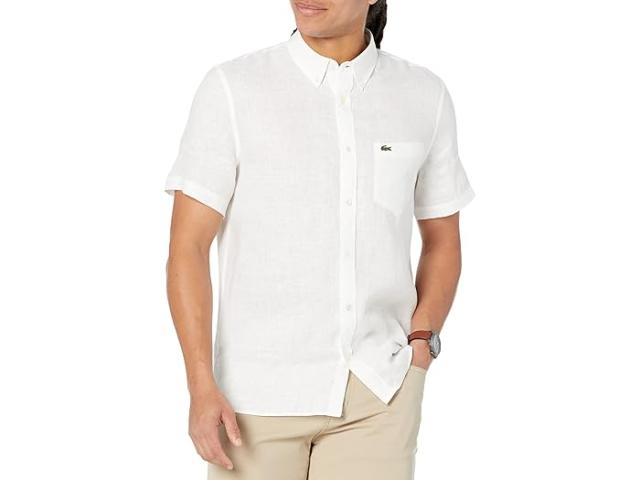 (取寄) ラコステ メンズ ショート スリーブ レギュラー フィット リネン カジュアル ボタンダウン シャツ ウィズ フロント ポケット Lacoste men Short Sleeve Regular Fit Linen Casual Button-Down Shirt with Front Pocket White