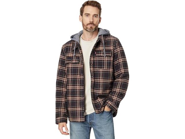 (取寄) リーバイス メンズ ウォッシュド コットン シャツ ジャケット ウィズ ア ジャージ フード アンド シェルパ ライニング Levi's men Levi's Washed Cotton Shirt Jacket with A Jersey Hood and Sherpa Lining Brown Plaid