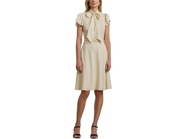 (取寄) ローレン ラルフローレン レディース ポルカ-ドット ベルテッド クレープ タイ-ネック ドレス Lauren Ralph Lauren women Polka-Dot Belted Crepe Tie-Neck Dress Cream/Black