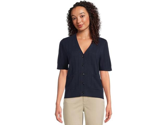 (取寄) ヴィンスカムート レディース リブ ショート スリーブ V-ネック カーディガン ウィズ ポケッツ Vince Camuto women Rib Short Sleeve V-Neck Cardigan with Pockets Classic Navy