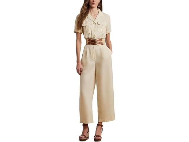 (取寄) ローレン ラルフローレン レディース エンブロイダー リネン ショートスリーブ ジャンプスーツ Lauren Ralph Lauren women Embroidered Linen Short-Sleeve Jumpsuit Ivory Beige