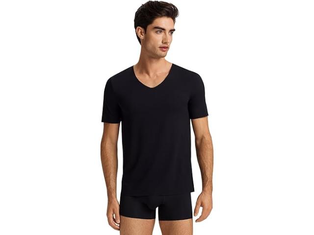 (取寄) ハンロ メンズ クリーン カット ショート スリーブ V-ネック シャツ Hanro men Clean Cut Short Sleeve V-neck Shirt Black