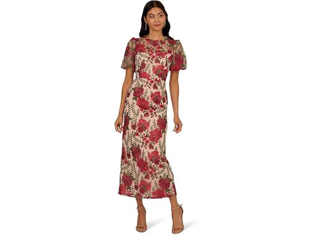 (取寄) アドリアナ パぺル レディース パフ スリーブ エンブロイダー ドレス Adrianna Papell women Puff Sleeve Embroidered Dress Red/Nude