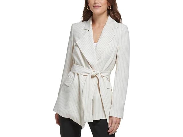 (取寄) ダナキャランニューヨーク レディース ロング スリーブ ピンストライプ ベルテッド ジャケット DKNY women DKNY Long Sleeve Pinstripe Belted Jacket Eggnog/Blackの通販は 22,610円