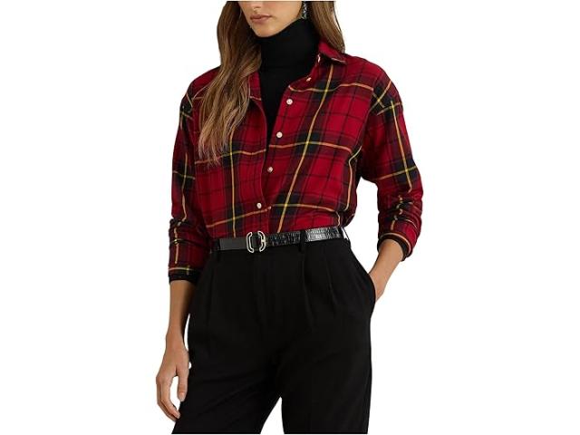 (取寄) ローレン ラルフローレン レディース リラックスド-フィット フィット チェック プレイド コットン シャツ Lauren Ralph Lauren women Relaxed Fit Checked Plaid Cotton Shirt Black/Red