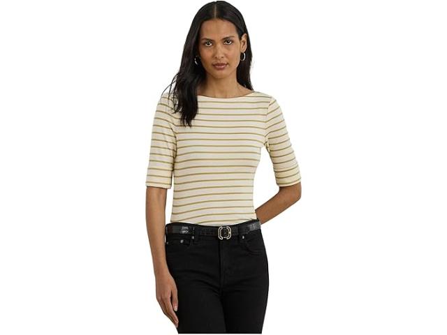 (取寄) ローレン ラルフローレン レディース メタリック ストライプド ボートネック ティー Lauren Ralph Lauren women llic Striped Boatneck Tee Mascarpone Cream/Gold llic