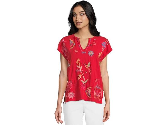 (取寄) ジョニー ワズ レディース イージー パネル V-ネック ティー - Johnny Was women Easy Paneled V-neck Tee - Loulia Racing Red