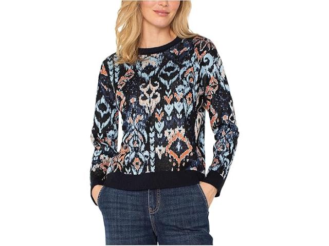 (取寄) リバプールロサンゼルス レディース ピティート ロング スリーブ クルー ネック ドロップド ショルダー ジャカード セーター Liverpool Los Angeles women Petite Long Sleeve Crew Neck Dropped Shoulder Jacquard Sweater Blue Multi Ikat