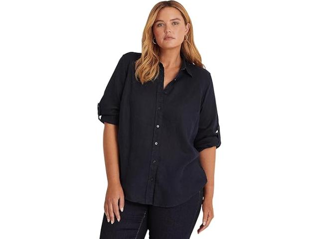 (取寄) ローレン ラルフローレン レディース プラス-サイズ リネン ロール タブ - スリーブ シャツ Lauren Ralph Lauren women Plus-Size Linen Roll TabSleeve Shirt Lauren Navy