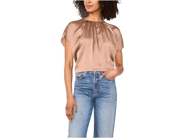 (取寄) ヴィンスカムート レディース クルーネック シャーリング ショート スリーブ Vince Camuto women Crewneck Shirring Short Sleeve Rich Taupe