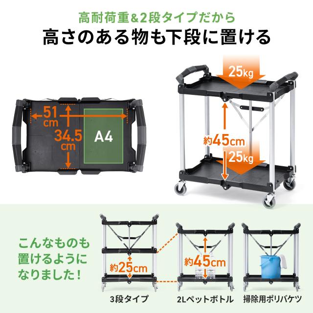 折りたたみ ツールワゴン 2段 4輪キャスター付き 総耐荷重50kg[100-CART013]_7
